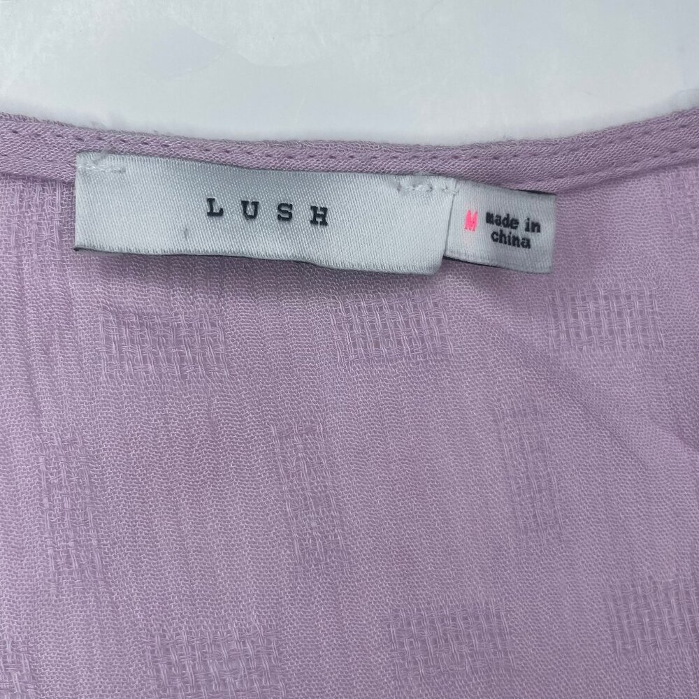 Lush Lilac Tie Front Cutout Mini Dress M Textured Balloon Sleeve Tiered Lavender - Picture 10 of 12